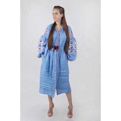 Boho Style Ukrainian Embroidered Midi Dress Ligh Blue with Brown\White Embroidery